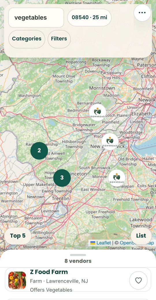 Downroad search results showing nearby vendors in a list and on a map