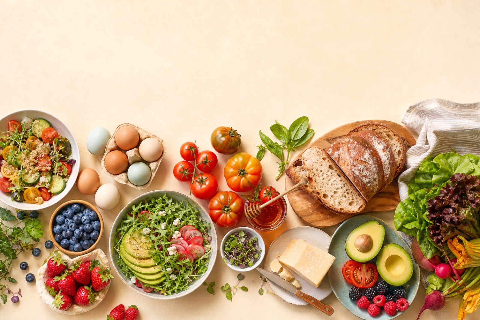 Fresh local farm food spread with eggs, tomatoes, leafy greens, berries, honey, artisan bread, and cheese