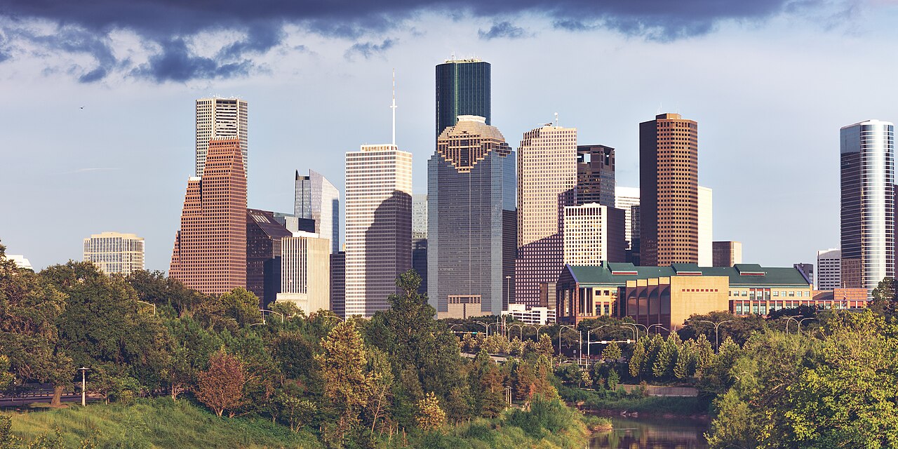 Downtown Houston skyline beyond Buffalo Bayou