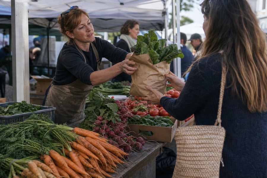 A shopper buying fresh vegetables directly from a farmer